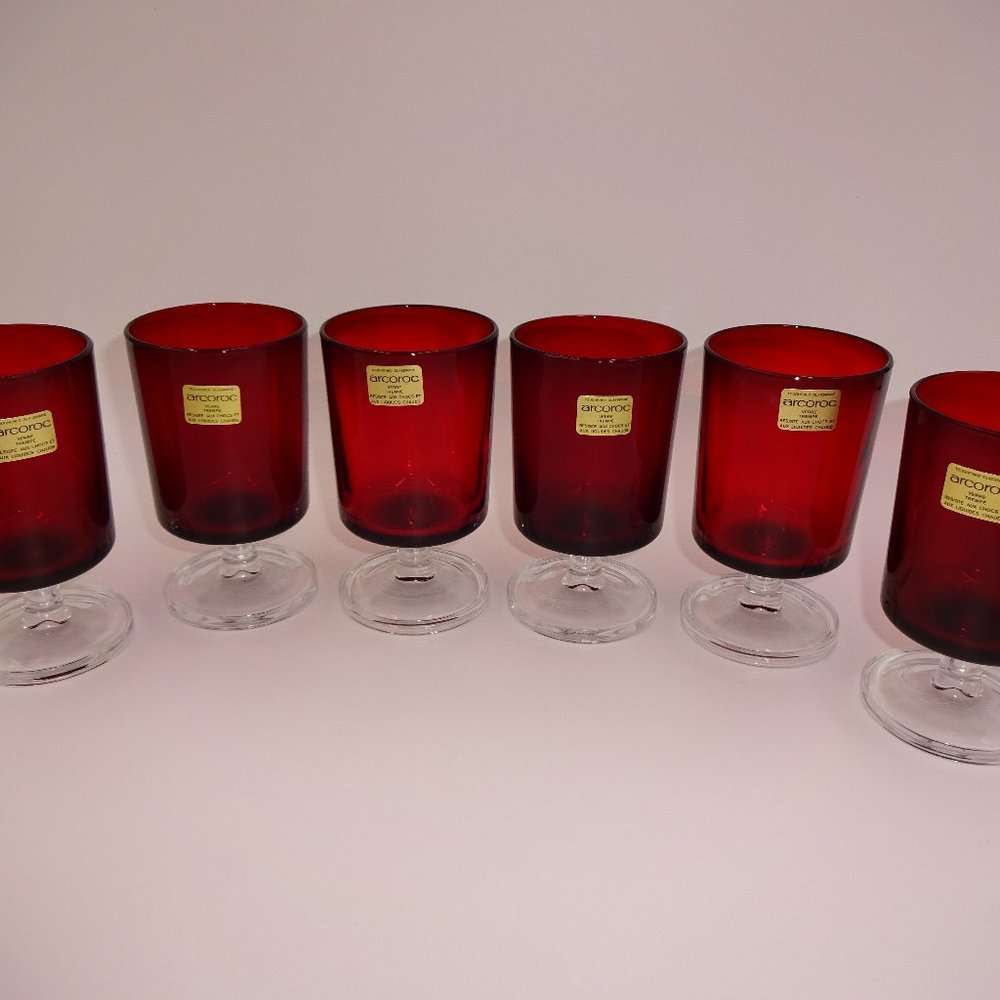 Set of 6 Vintage Ruby Red Clear Glass Arcoroc Footed Cordial Glasses 4" France